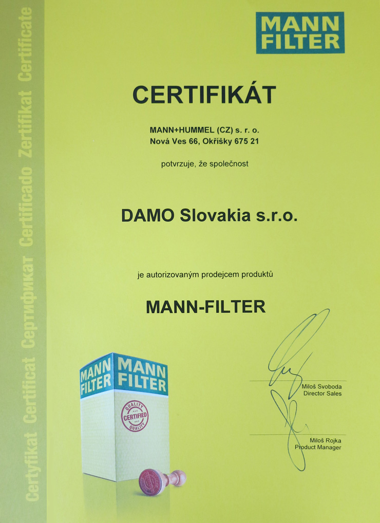 MANN FILTER - Certifikát originality